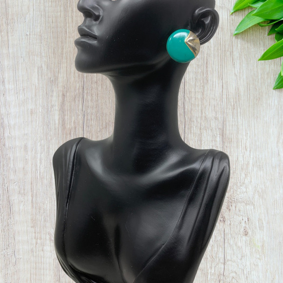 Vintage 1980's Teal Enamel Clip On Button Earrings Avant Garde New Wave Punk - Picture 3 of 5